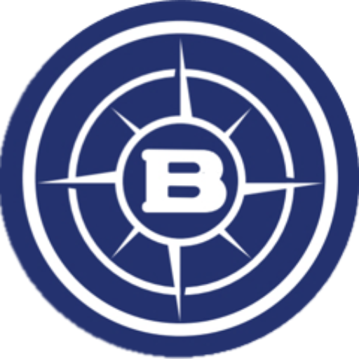 a blue and white logo with a letter b